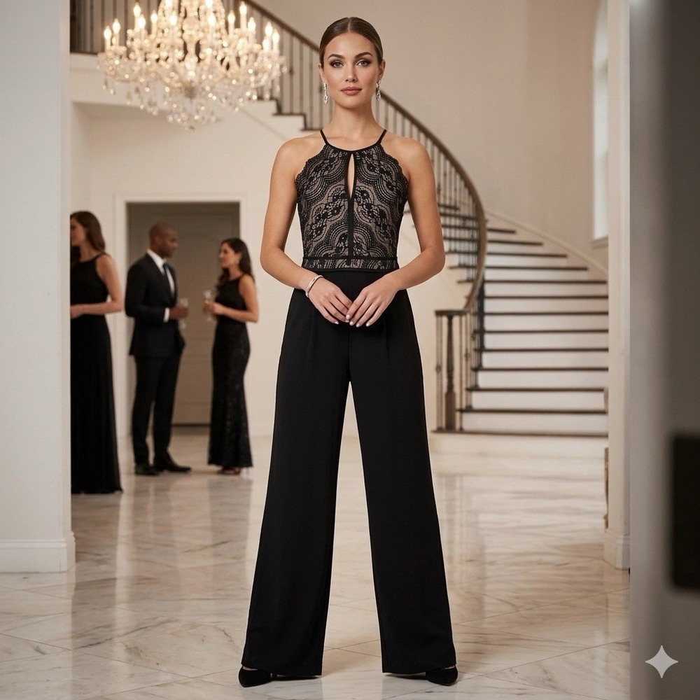Lily Rose Jumpsuit XL Black Lace Keyhole Wide Leg Evening Formal